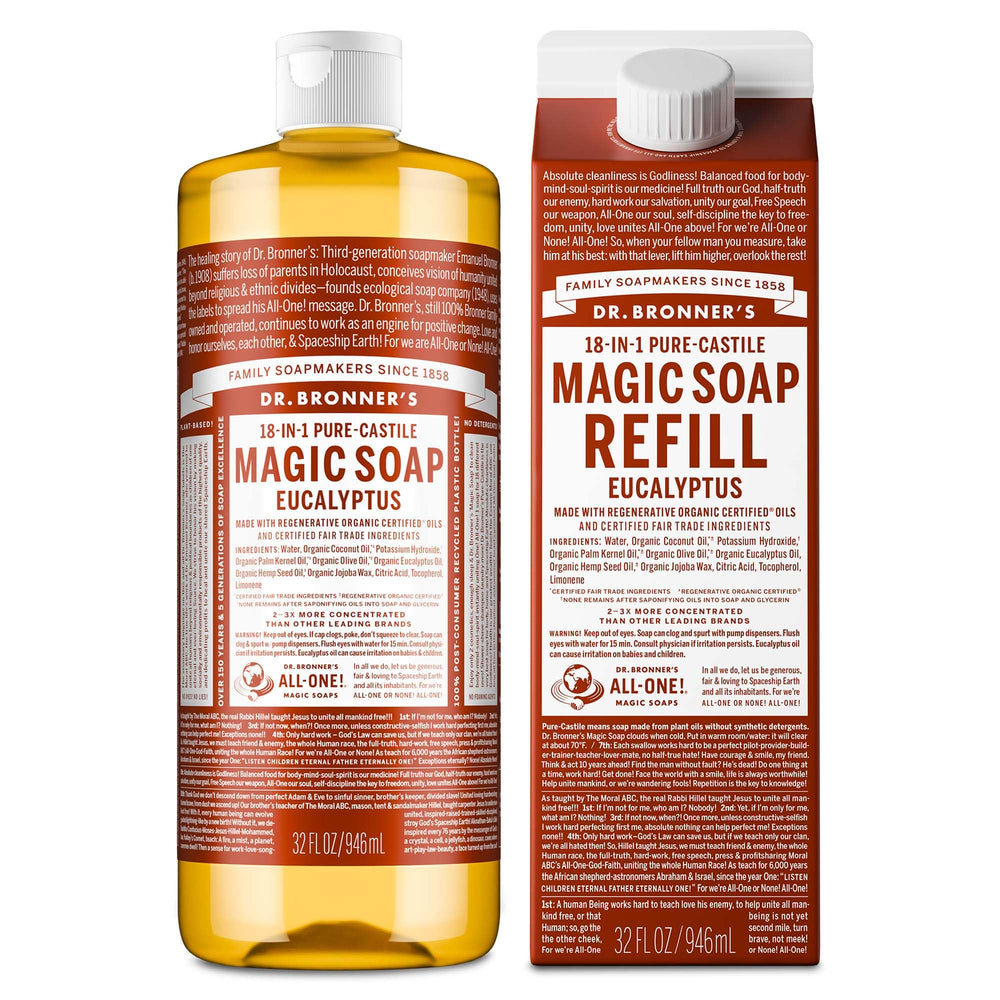 Dr. Bronner's Pure-Castile soap bottle with eucalyptus for daily cleansing