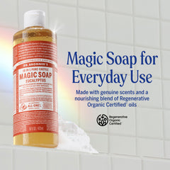Dr. Bronner's Pure-Castile liquid soap lather demonstrates rich cleansing
