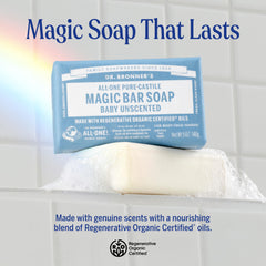 Dr. Bronner's Magic Bar Baby Unscented close-up showing rich lather for thorough cleansing.