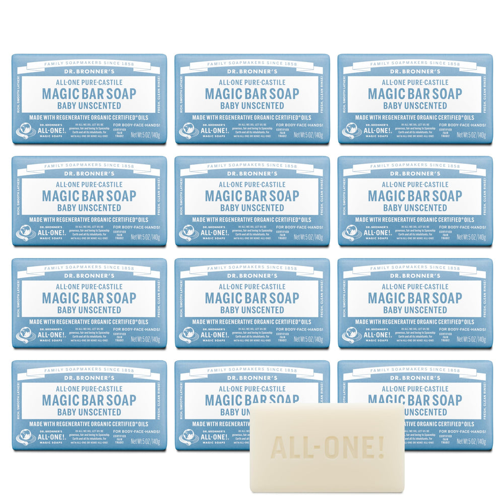 Dr. Bronner's Magic Bar Baby Unscented packaging on recyclable wrapper supports eco-friendly routines.