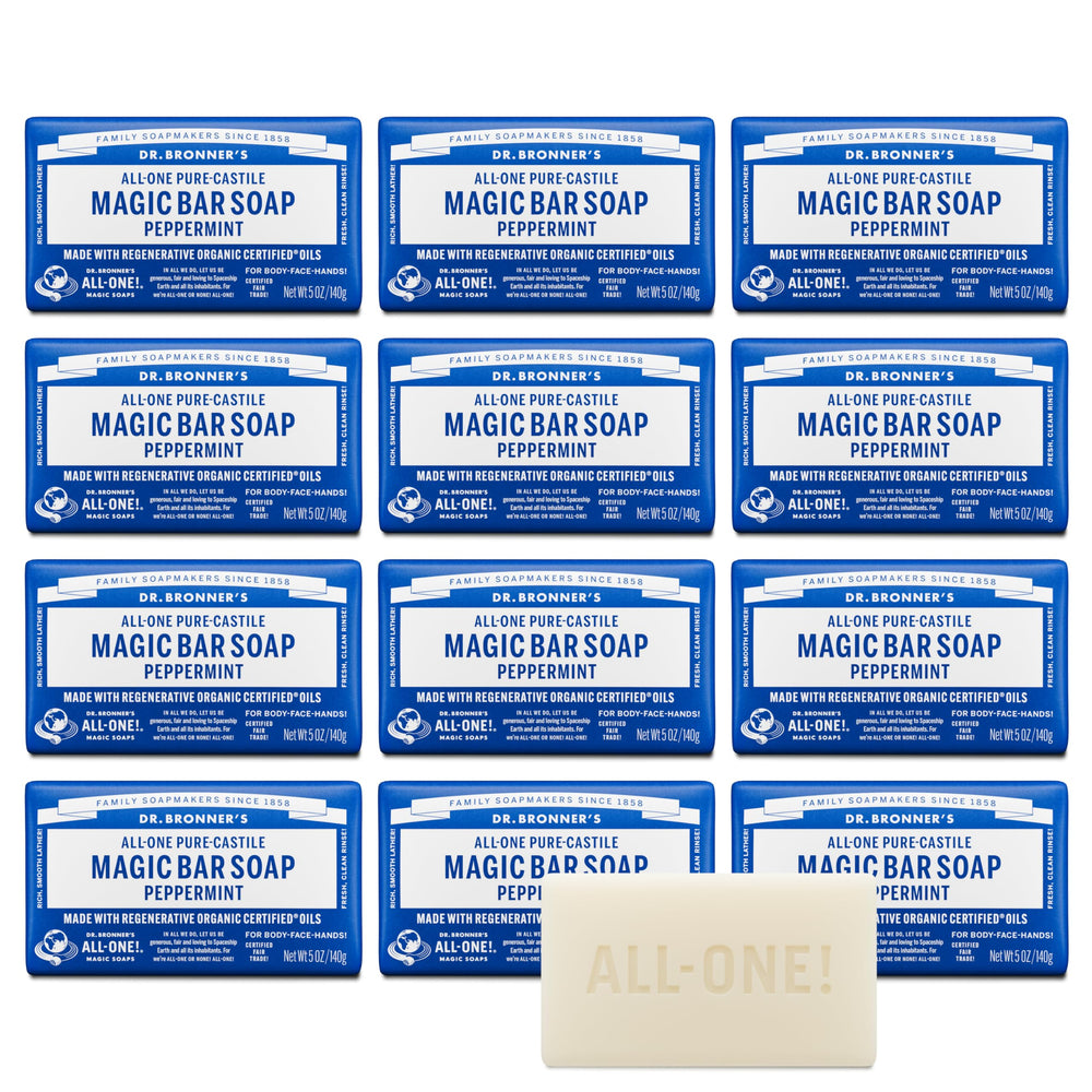 Dr. Bronner’s Pure-Castile Magic Bar Peppermint packaging uses recycled wrap for eco-friendly care.
