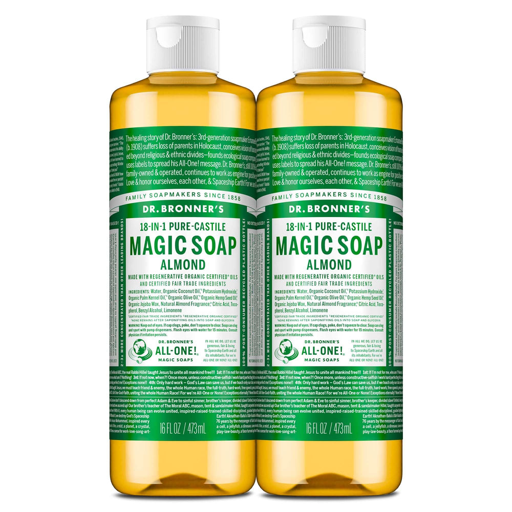 Dr. Bronner's Pure-Castile Almond soap with rich lather for gentle cleansing.