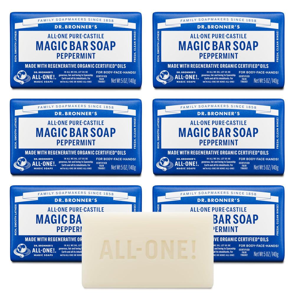 Dr. Bronner's Peppermint Pure-Castile soap bar lather close-up for refreshing face and body cleansing
