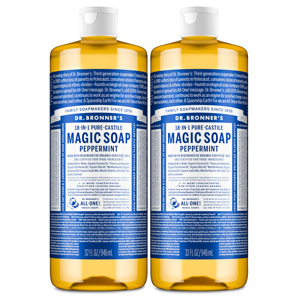 Dr. Bronner's Pure-Castile Peppermint bottle pour for versatile cleansing and refreshing feel