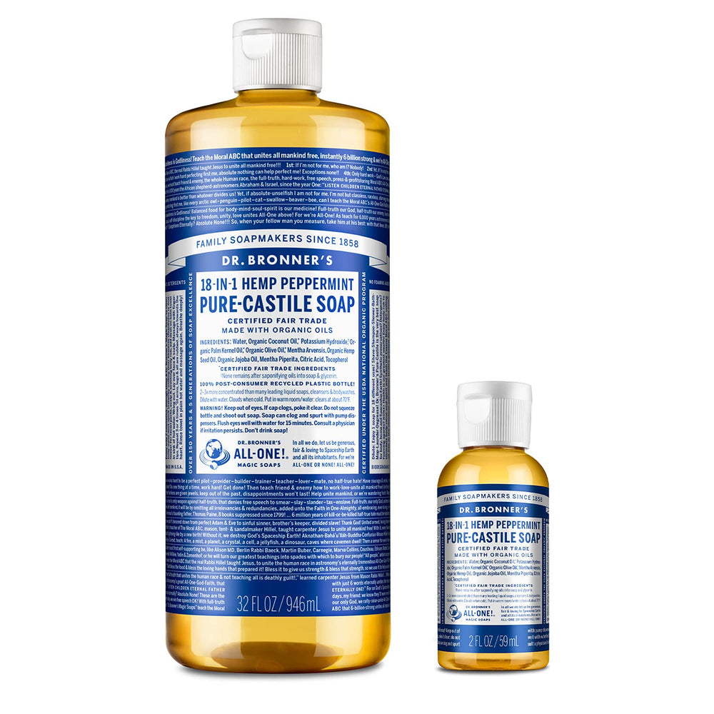 Dr. Bronner's Pure-Castile Peppermint bottle shows versatile all-in-one cleaner for home cleaning.