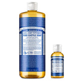 Dr. Bronner's Pure-Castile Peppermint bottle shows versatile all-in-one cleaner for home cleaning.