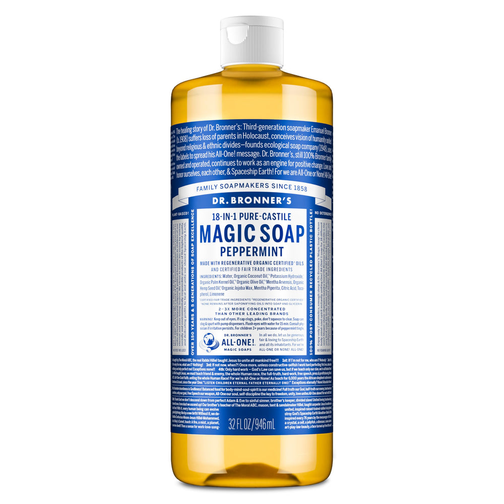 Dr. Bronner's Pure-Castile Peppermint bottle shows refreshing cleansing for skin and hands.