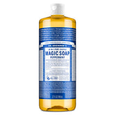 Dr. Bronner's Pure-Castile Peppermint bottle shows refreshing cleansing for skin and hands.