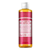 Dr. Bronner's Pure-Castile Rose 8oz bottle showing multi-use soap benefits