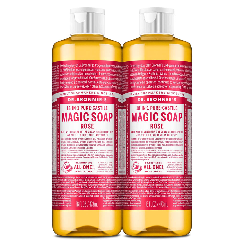 Dr. Bronner's Pure-Castile Rose bottle with regenerative oils for versatile cleaning tasks.