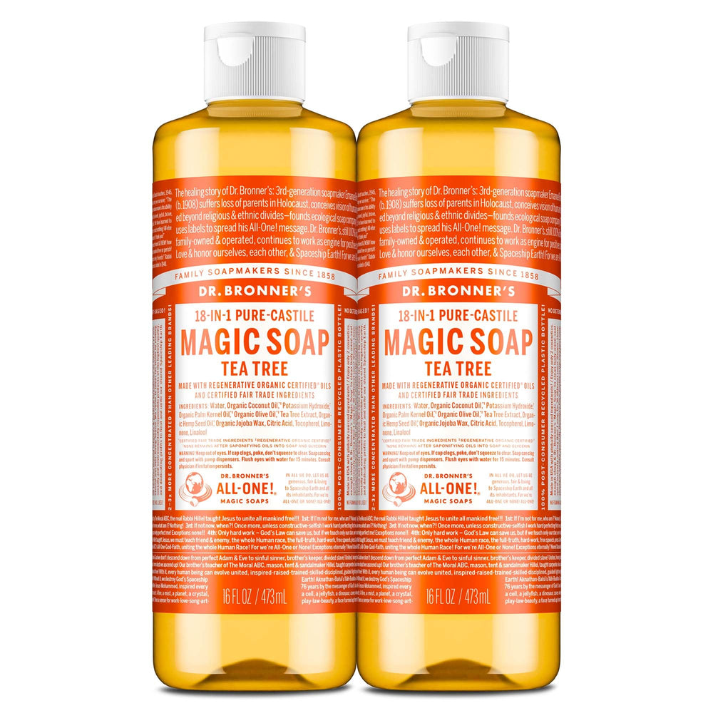 Dr. Bronner's Pure-Castile Tea Tree bottle shows rich lather for versatile cleansing