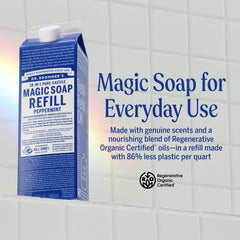 Dr. Bronner's regenerative organic oils label emphasizes ethical sourcing for sustainable skincare and cleaning.