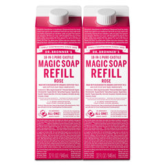 Dr. Bronner's Rose Castile bottle shows rich lather for skin cleansing.