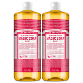 Dr. Bronner's Rose Castile bottle pouring demonstrates versatile use.