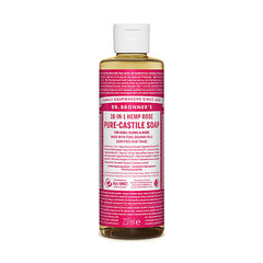 Dr Bronner's Rose Castile Liquid Soap bottle offers gentle cleansing and refreshing rose fragrance.