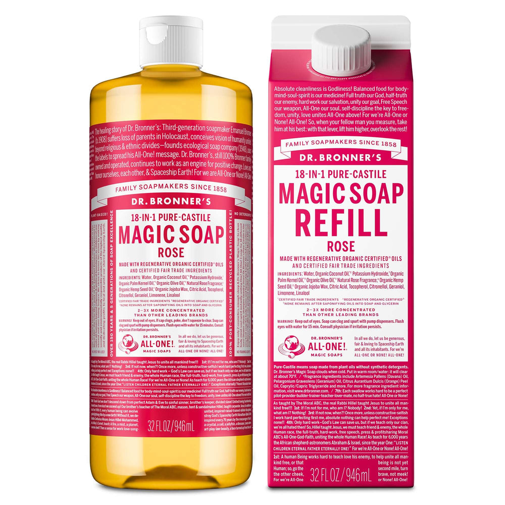 Dr. Bronner's Rose Castile Soap bottle shows versatile multipurpose use for body and dishes.
