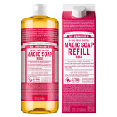 Dr. Bronner's Rose Castile Soap bottle shows versatile multipurpose use for body and dishes.