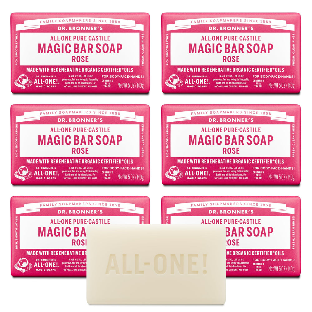 Dr. Bronner's Rose soap bar six-pack packaging emphasizes value and sustainability.