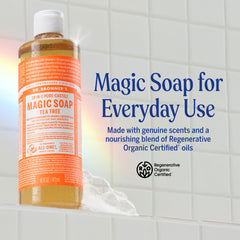 Lush rich-lather foam from Dr. Bronner’s Tea Tree soap ideal for body and hair cleansing.
