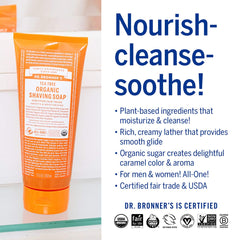 Dr. Bronner's Tea Tree Shaving Soap label closeup shows organic, fair-trade credentials