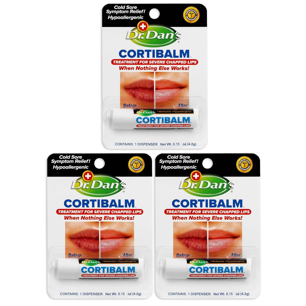 Dr. Dan's Cortibalm 3-pack packaging for on-the-go lip hydration.