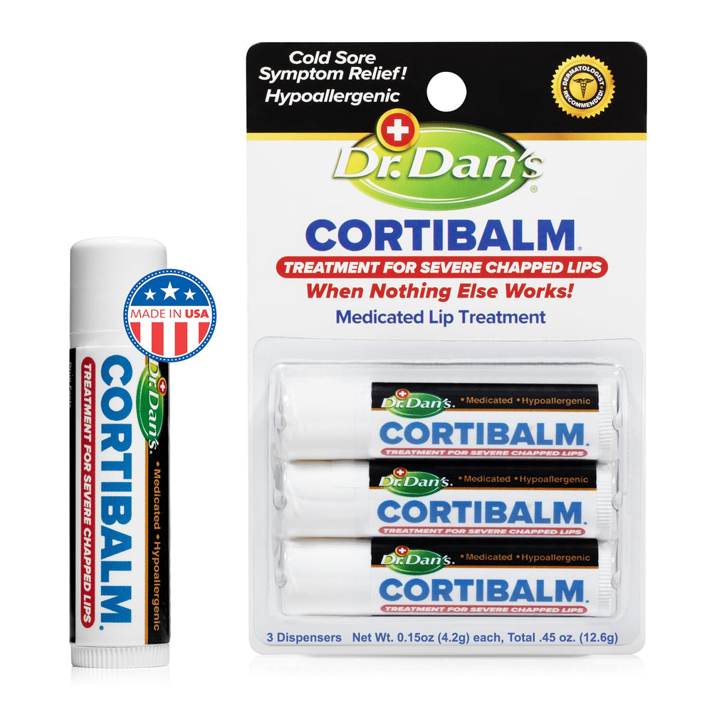 Dr. Dan's Cortibalm 3-pack packaging shows a travel-friendly lip repair kit for everyday dryness