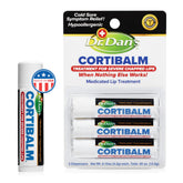 Dr. Dan's Cortibalm 3-pack packaging shows a travel-friendly lip repair kit for everyday dryness