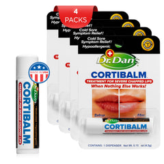 Dr. Dan's Cortibalm 4 Pack arranged to emphasize repair and nourishment for dry lips.