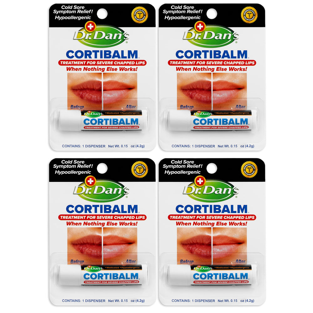 Dr. Dan's Cortibalm 4 Pack packaging on box, ideal for family lip care on the go.