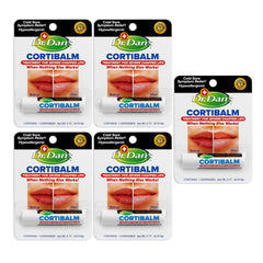 Dr. Dan's Cortibalm 5-pack tubes side-by-side for soothing lip care on severely chapped lips