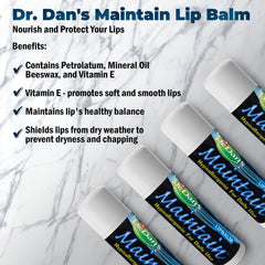 Dr. Dan's Maintain Lip Balm 3-pack package highlights value and consistent lip care.