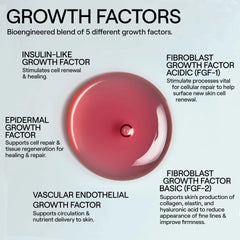 Serum swirled on skin demonstrates brightness and smoothing from growth-factor actives.