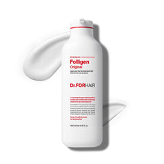 DR.FORHAIR Folligen Shampoo bottle application supports scalp refresh through a clarifying cleanse.