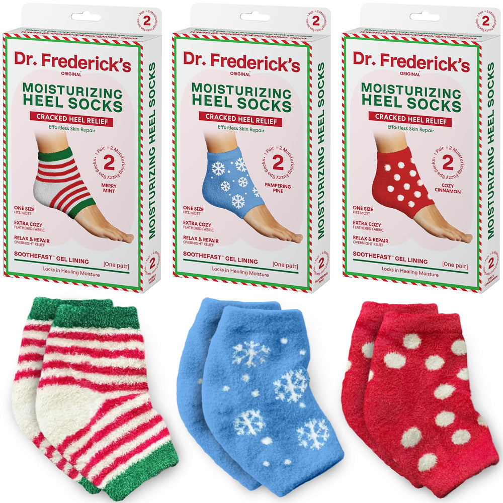 Dr. Frederick's Original moisturizing fuzzy heel socks holiday pack closeup showing gel lining for overnight hydration