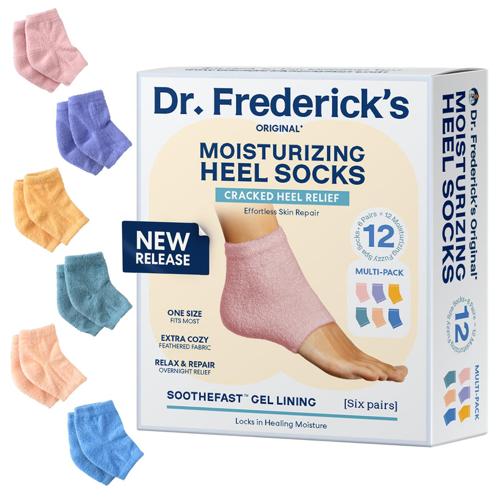 Dr. Frederick's Original moisturizing fuzzy heel socks pack overview highlighting six pairs for at-home care