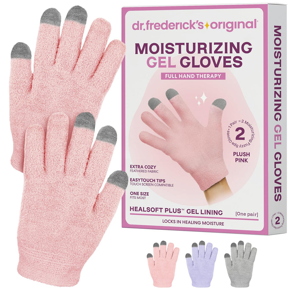 Dr. Frederick's Original moisturizing gel gloves plush pink exterior for instant hydration.
