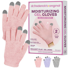 Dr. Frederick's Original moisturizing gel gloves plush pink exterior for instant hydration.