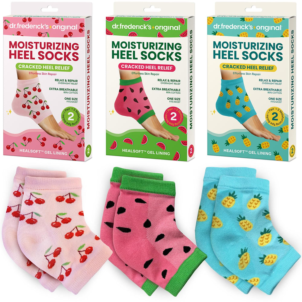 Dr. Frederick's Original Moisturizing Heel Socks 3-pair packaging for stocking stuffer hydration.