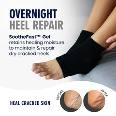 Dr Frederick's Original heel socks on foot during bedtime for overnight hydration.