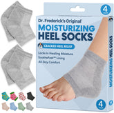 Dr. Frederick's Original heel socks on foot for overnight hydration.