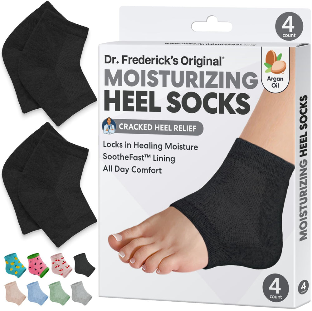 Dr Frederick's Original heel socks packaging closeup for trusted hydration and care.