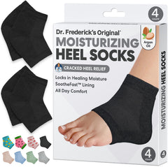 Dr Frederick's Original heel socks packaging closeup for trusted hydration and care.