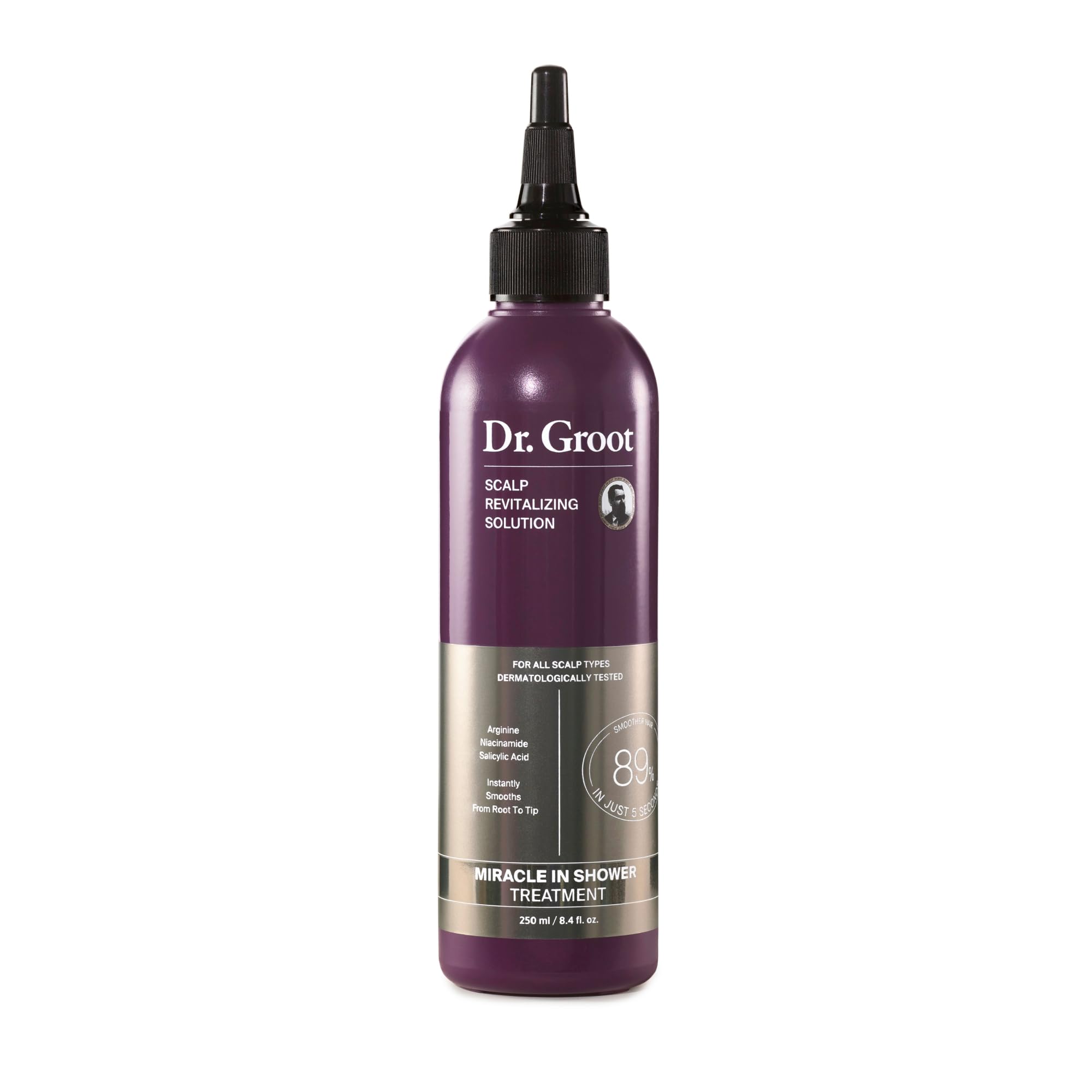 Dr. Groot Miracle in Shower bottle closeup showing moisturizing formula for scalp care