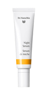 Dr. Hauschka Night Serum bottle close-up highlighting an oil-free formula for nighttime use.