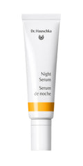 Dr. Hauschka Night Serum bottle close-up highlighting an oil-free formula for nighttime use.
