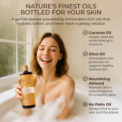 DR.JACOBS NATURALS Pure Castile Soap Almond close-up features natural oils for refreshing cleansing.
