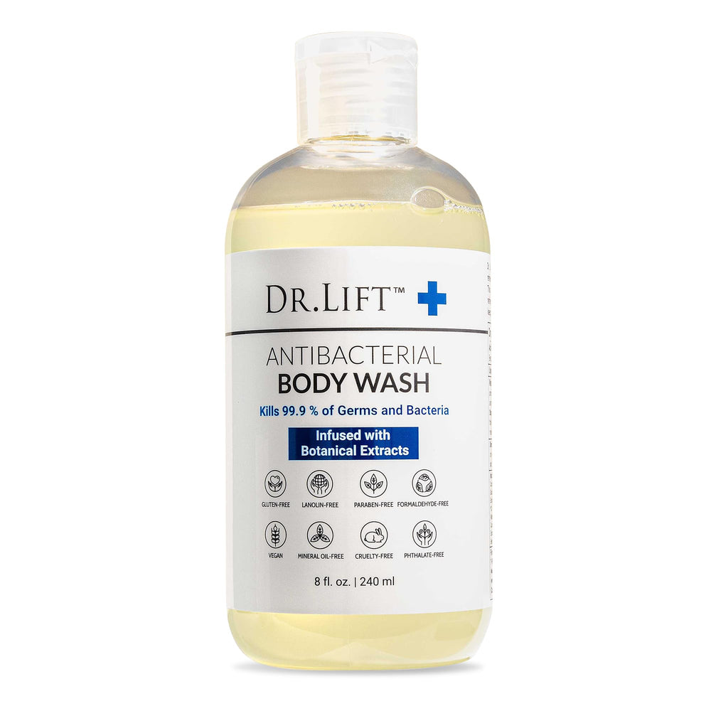 DR. LIFT Antibacterial Body Wash bottle front—antibacterial protection and American-made quality.