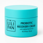 Dr Lili Fan Probiotic Recovery Cream bottle on a clean surface, highlighting vegan probiotic hydration.