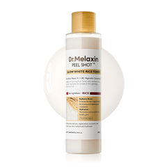 Dr.Melaxin Peel Shot Glow Rice Toner bottle pouring demonstrates lightweight hydration for radiant skin.