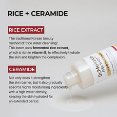 Dr.Melaxin Peel Shot Glow Rice Toner application scene suggests quick absorption and refreshed feel.